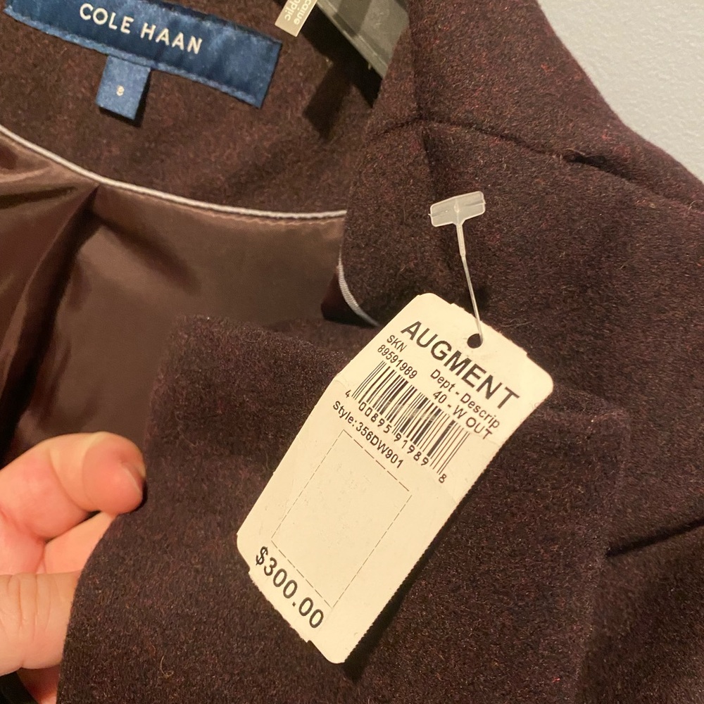 Cole Haan NWTO Wool blend Eggplant coat with Oversized hood & elegant belt. - Picture 8 of 16